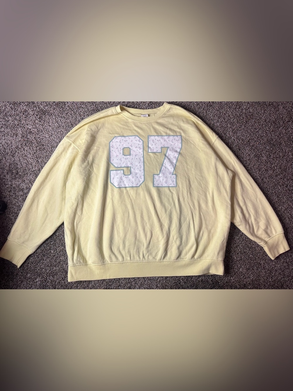 No Boundaries Pale Yellow Crewneck Sweater with '97' Graphic